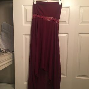 Strapless maroon high-low dress